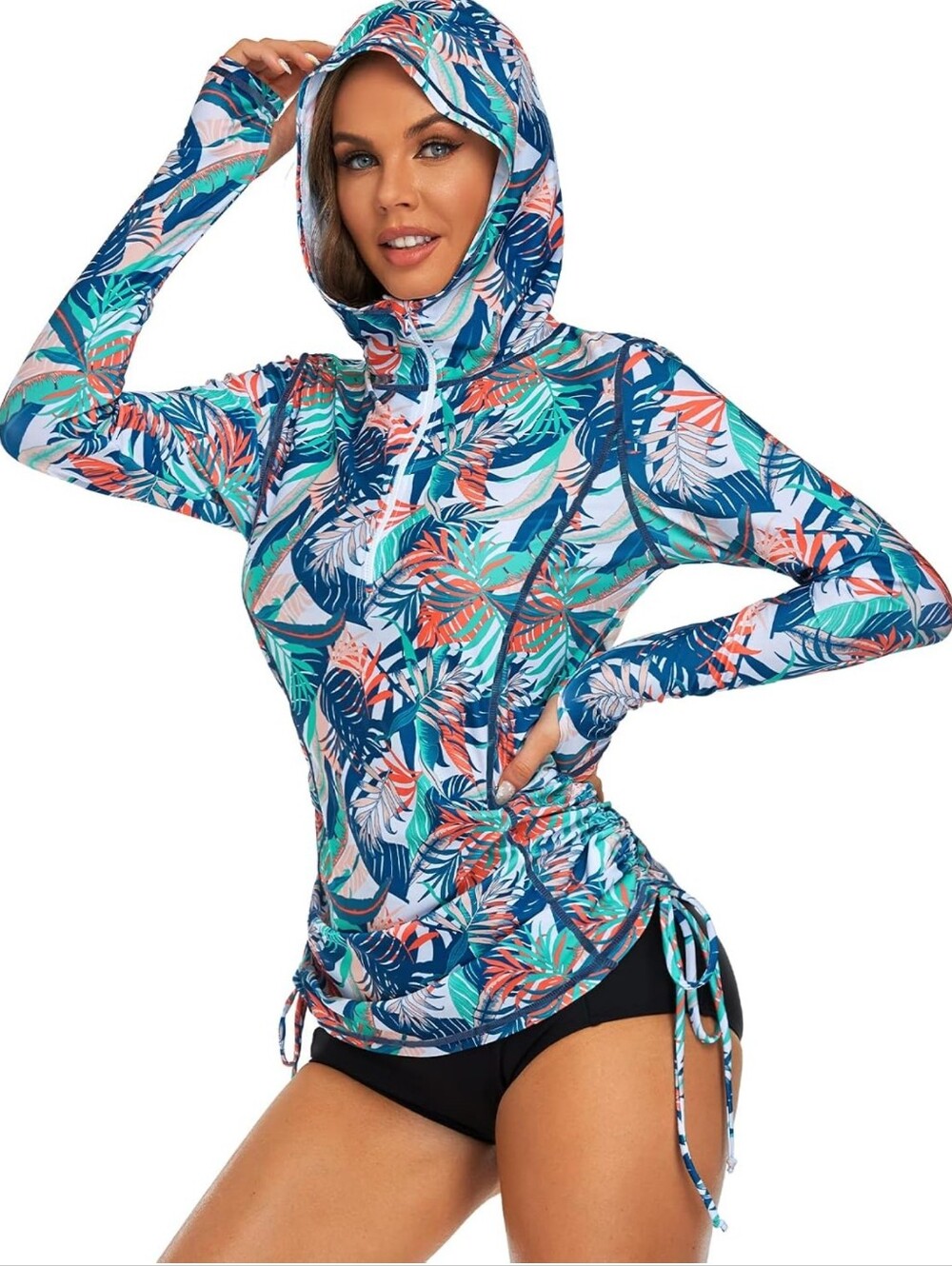 Tropical Palm Print Zip-Front Swim Top - Teal & Coral